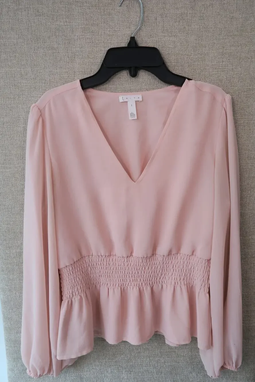 Leith Blush Pink V-Neck Long Sleeve Blouse with Smocked Waist